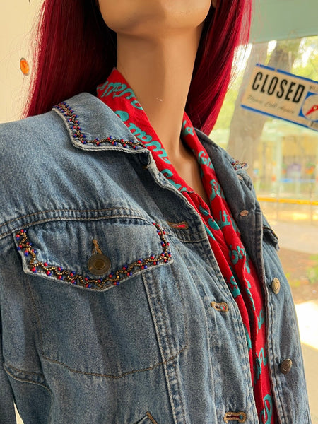 90s Embellished Beaded Denim Jean Jacket Fairy Grunge Whimsy Western S/M