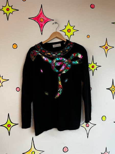 Vintage 80s Rainbow Embellished Christmas Sweater Sequin Beaded Holiday Party L