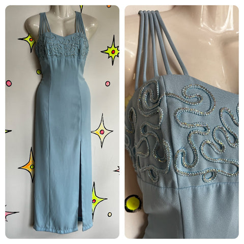 Vintage 90s Y2K | Pastel Blue Formal Prom Party Dress with Slit | Small