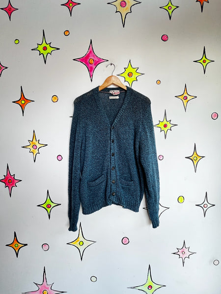 Blue 1950s Wool Cardigan | University Row by Revere 100% Shetland Vintage Knit L