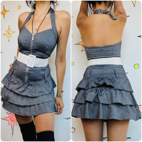 Vintage Y2K Denim Ruffled Halter Mini Dress – Fairy Grunge Coquette – M