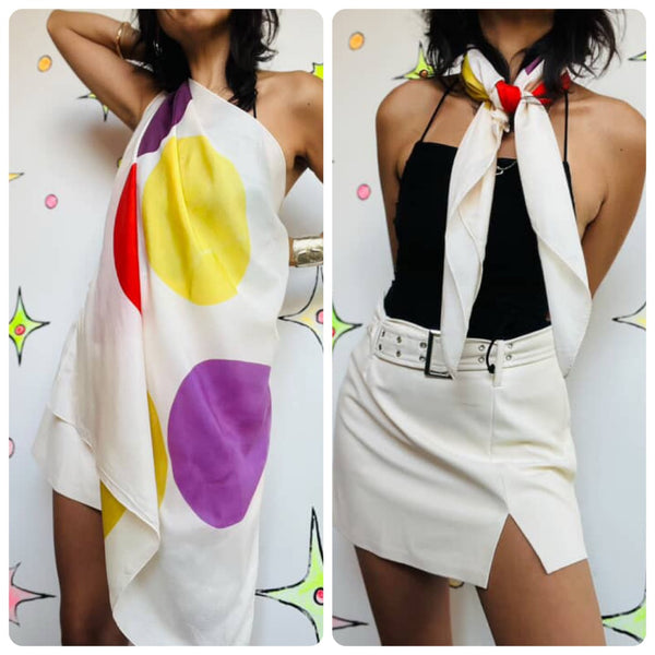 Vintage Rainbow Polka Dot Silk Scarf | Wearable Art Grunge 1940s Magician Style