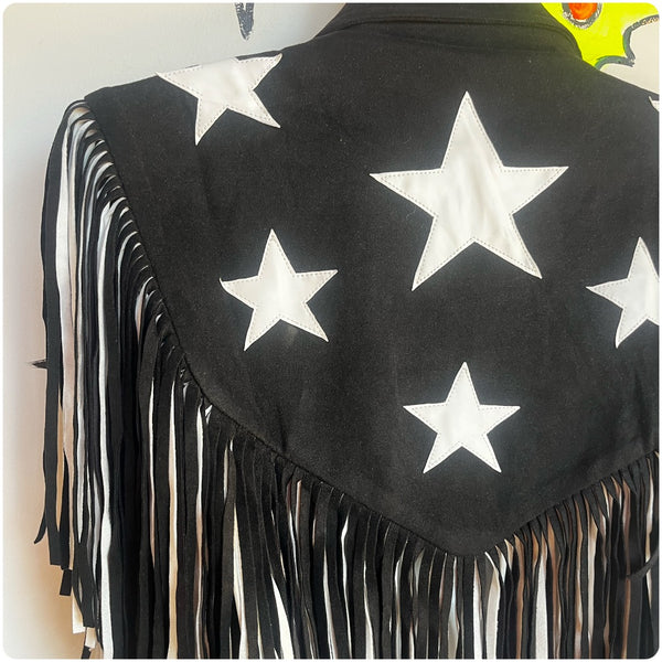 Retro Western Embellished Black Faux Suede Fringe Collar