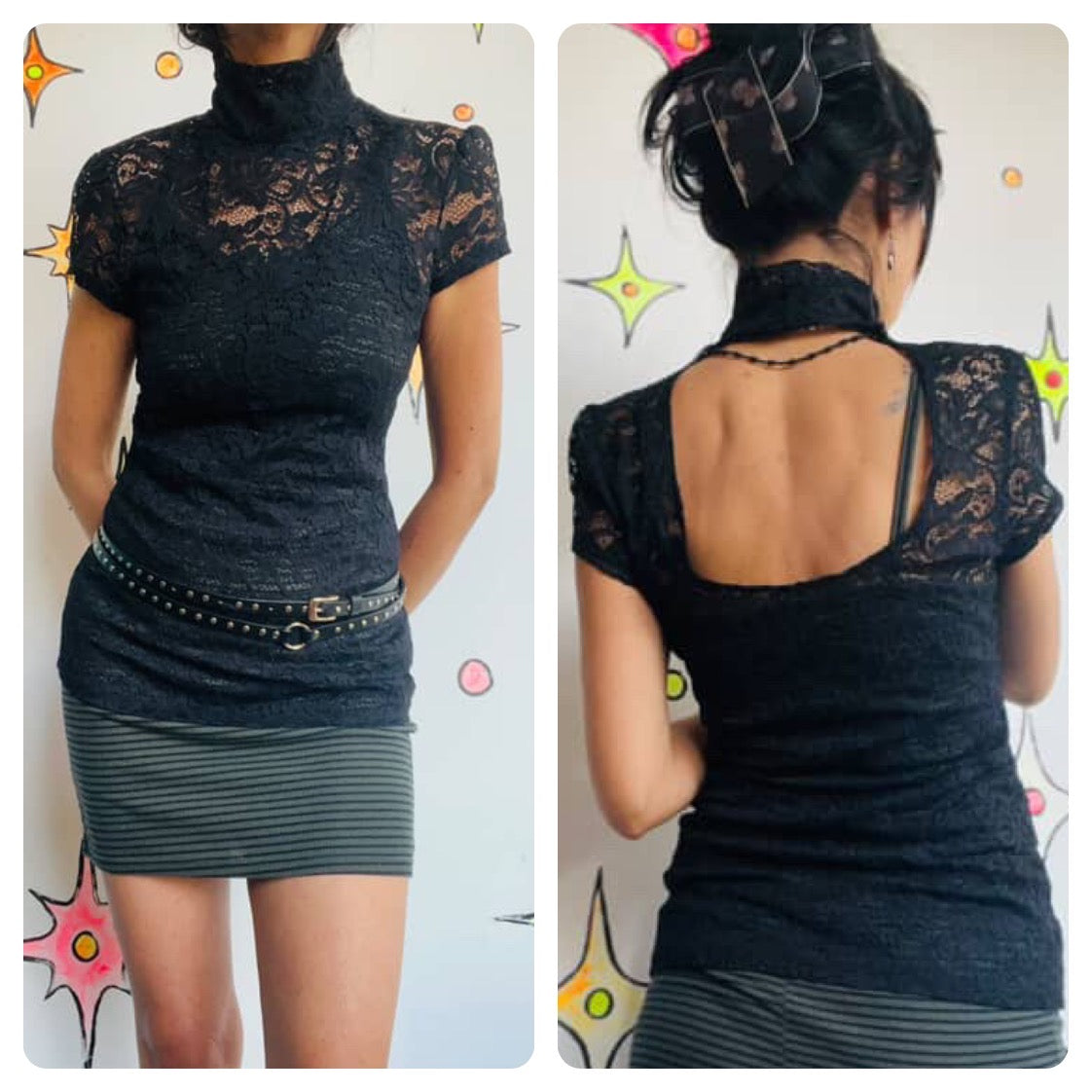 Vintage Y2K Black Sheer Lace Babydoll Top – Goth Coquette Fairy Grunge S