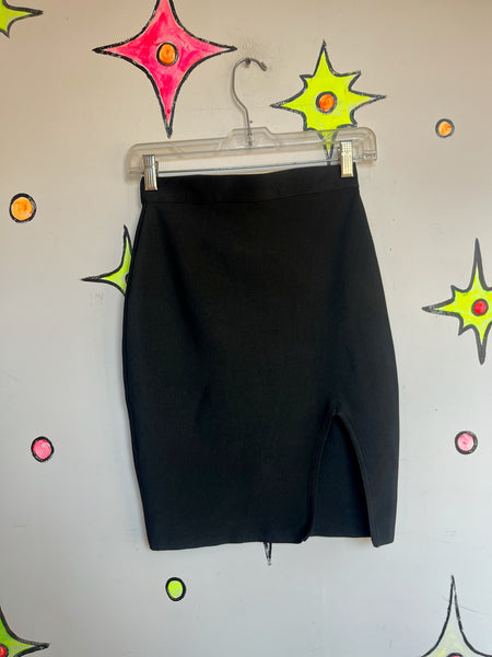 Vintage Y2K Black Mini Skirt Bodycon A-Line Clubwear w Slit Stretchy Sexy Goth S
