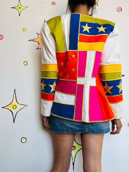 Vintage 80s 90s IBE Wearable Art Rainbow Blazer w Gold Stars - Patchwork – Sz 8