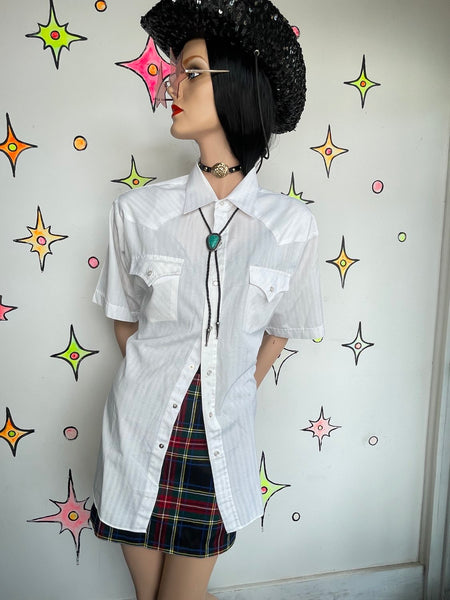 Vintage White Short Sleeve Western Button Up Shirt Pearl Snap Rodeo Cowboy XL