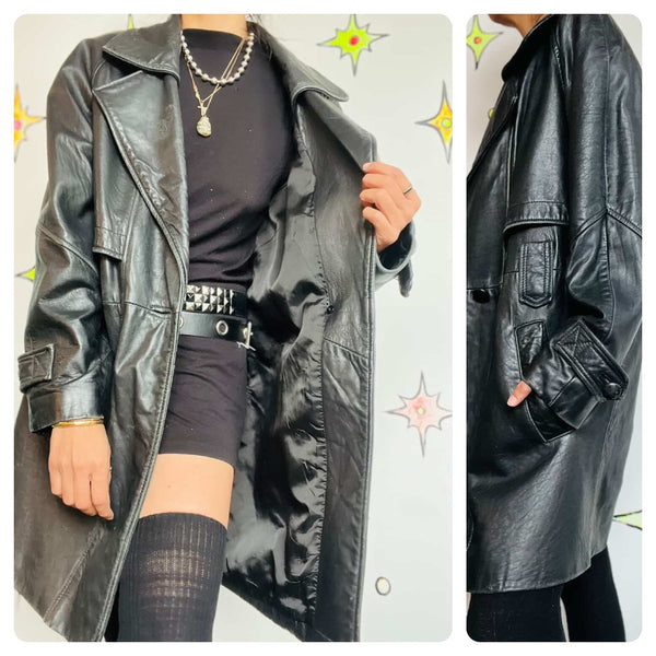 Vintage 80s 90s Black Leather Trench Coat | Goth Grunge Matrix Style | Small