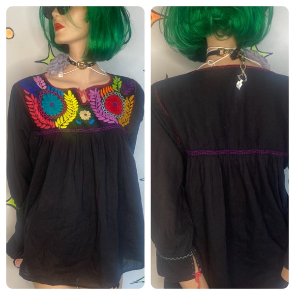 Vintage Black w Rainbow Hand Embroidered Mexican Oaxacan Huipil Blouse S/M
