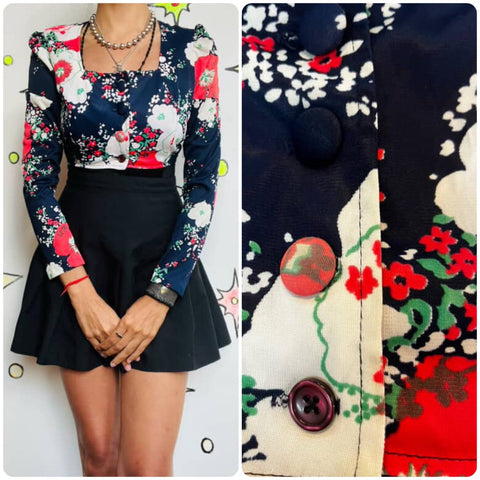 Groovy 60s/70s Navy Floral Crop Top Bolero - Long Sleeve Vintage Charm