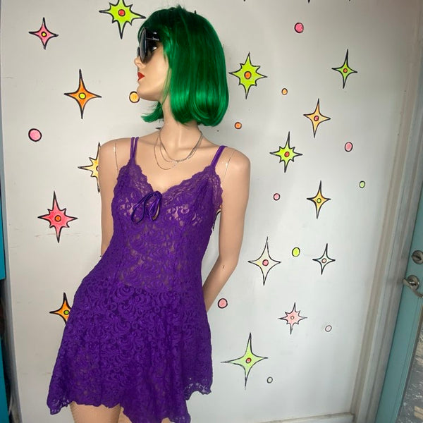 90s Vintage Purple Lace Slip Dress Delicates Gothic Romantic Mini - M