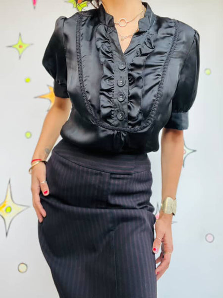 Vintage 90s Y2K | Black Silky Preppy Goth Glam Dark Academia Blouse | Size S
