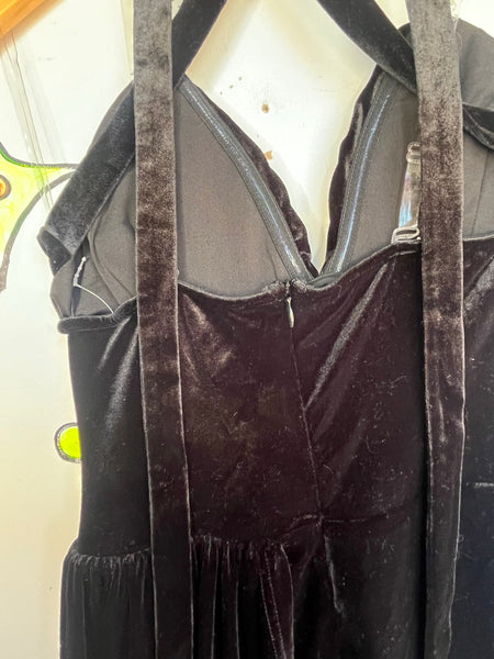 Black Velvet Beaded Gown Sheer Cutout Gothic Formal Dress with Train Size M