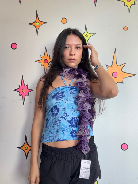 Y2K Purple Crochet Scarf Fairycore Shabby Chic Metallic Knit Wrap Ruffle Boa