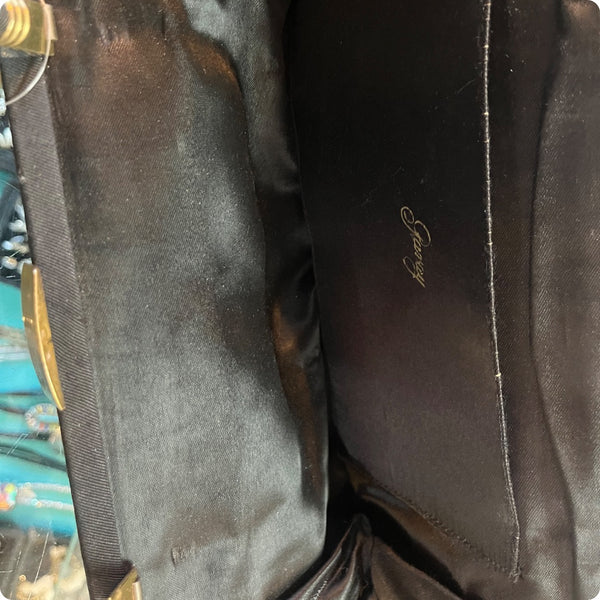 Vintage 1950s Black Satin Goth Glam Old Hollywood Purse Bag Handbag with Handle