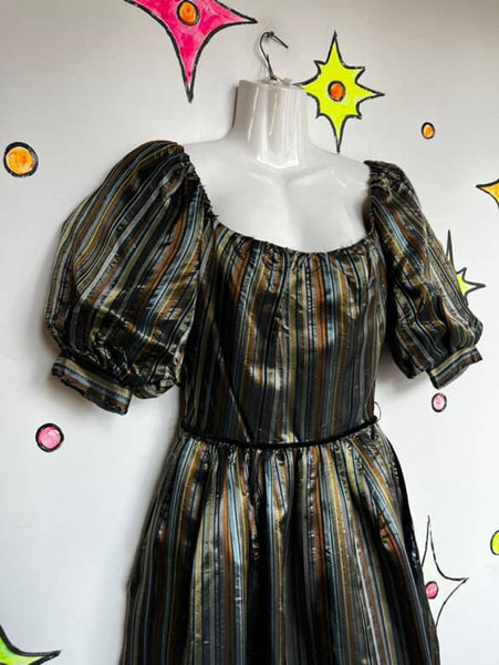 Vintage 80s Silver & Gold Poofy Princess Party Glam Prom Dress w Velvet Belt – S