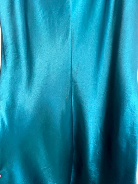 90s Peacock Blue Beaded Slip Dress Mermaidcore Silk-Feel Midi Y2K Grunge Fairy M