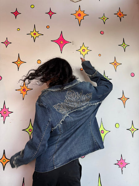Studded Denim Western Blazer | Frayed Cowgirl Rodeo Jacket Oversized XL