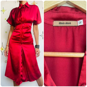 Y2K Cherry Red Silky Shirt Dress - Copycat Miu Miu Style - Small