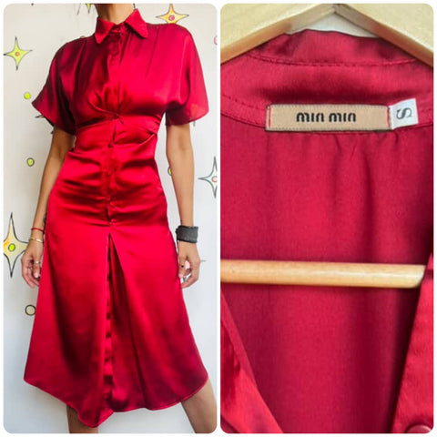 Y2K Cherry Red Silky Shirt Dress - Copycat Miu Miu Style - Small