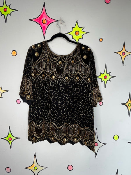 Vintage Black and Gold 80s Silk Beaded Top Glam Party Disco Sequins L/XL