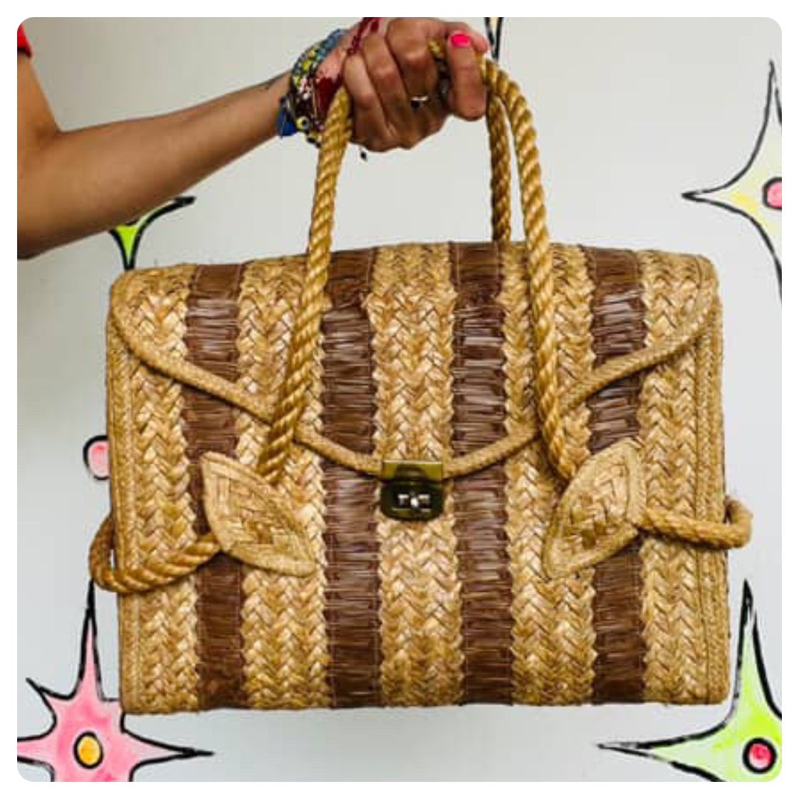 Vintage 70s | Rattan Basket Purse Woven Wicker Tote Boho Hand Bag