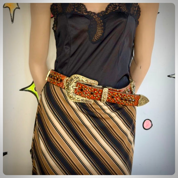 Y2K Rhinestone Studded Cowhide Leather Belt Western Cowgirl Bling Statement Belt