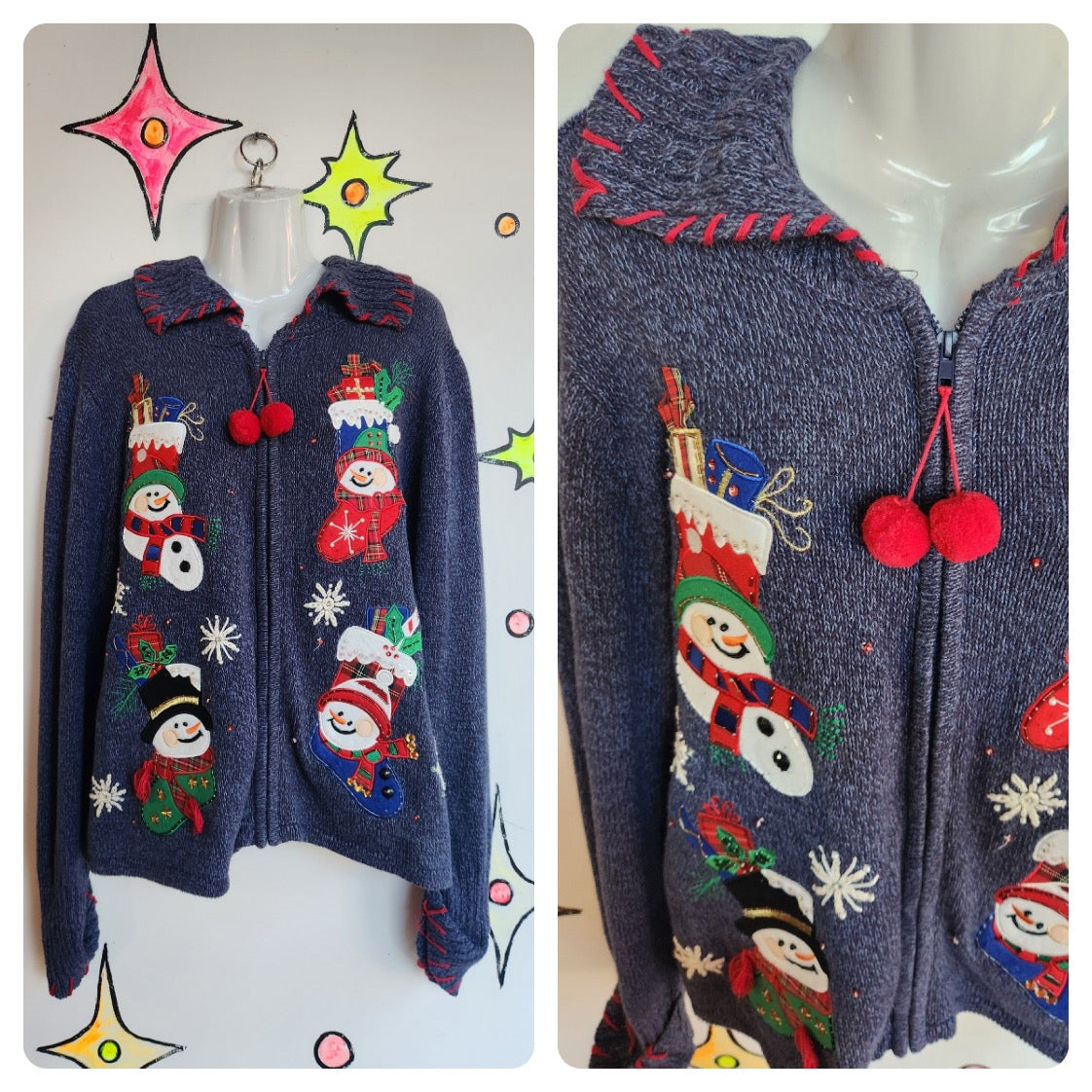 Vintage 90s | Snowman Tacky Ugly Embellished Cardigan Christmas Sweater | Large