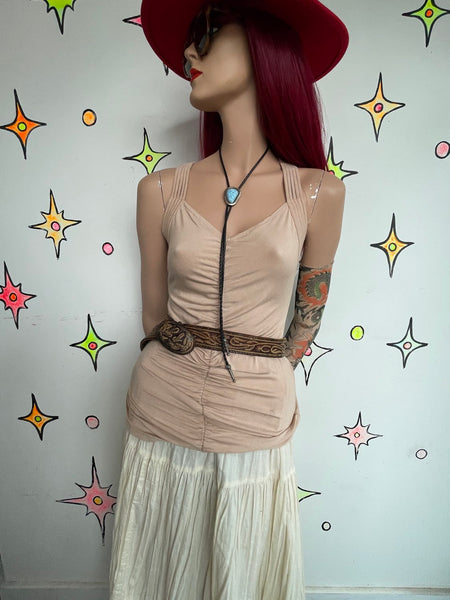Y2K Beige Tank Top Soft Grunge Boho Fairy Ruched Layering Basic | M