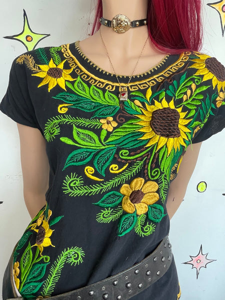 Mexican Embroidered Sunflower Top Black Boho Grunge Whimsigoth L