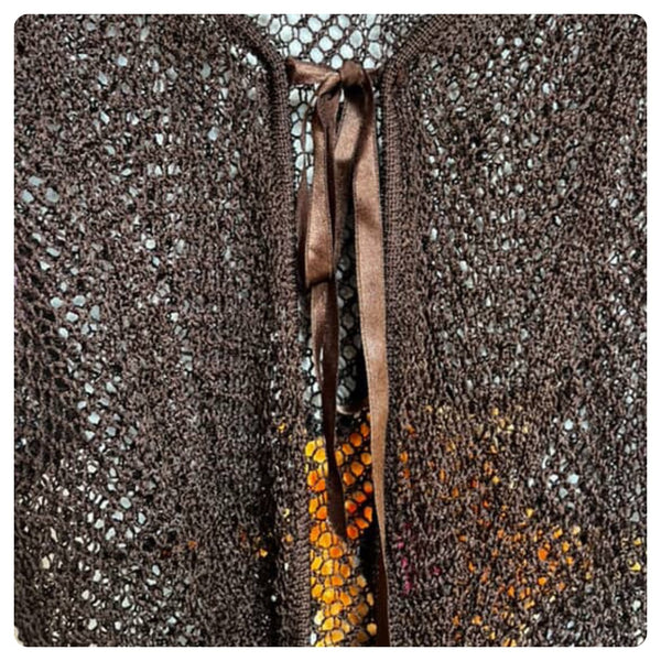 Vintage Y2K Brown Crochet Babydoll Top - Ribbon & Lace Fairy Grunge Dream - S