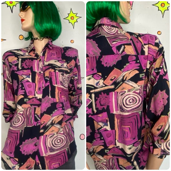 Vintage 90s Abstract Wearable Art Purple Grunge Retro Blouse - Small