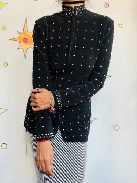 Vintage 80s/90s Tadashi Shoji Black Studded Zip-Up Blazer | Jacket | Size S/M
