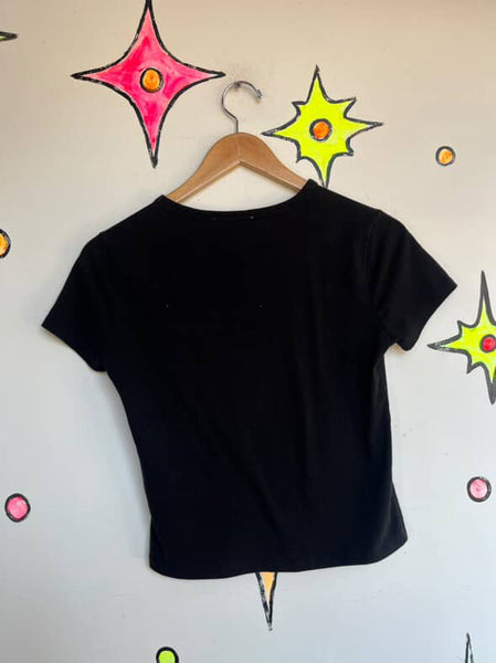 Vintage Y2K | Goth Grunge Fairy Tattoo Print Cross Baby Tee T Shirt | Small