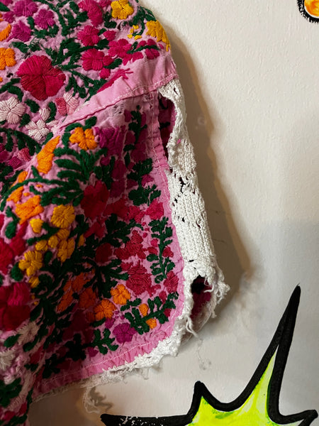 Vintage Boho Oaxacan Mexican Pink Huipil Dress - Hand Embroidered Floral M/L