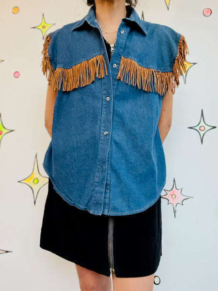Vintage 80s–90s Denim Western Beaded Fringe Vest | Sleeveless Jean Vest | L