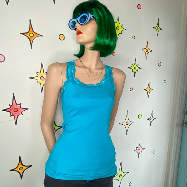 Vintage Y2K Teal Lace Trim Fairy Grunge Cami Faded Glory Layering Tank Top - S