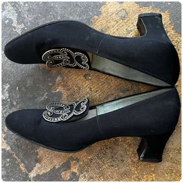 1960s Black Satin Low Heel Loafers – Stud Embellishment– Narrow Fit – Size 6.5/7
