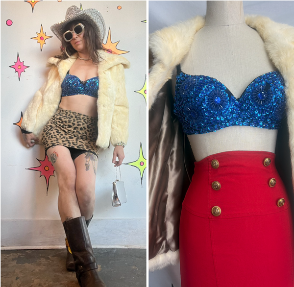 Blue Beaded Bra Top | Y2K Festival Mermaid Glam Sequin Bralette S
