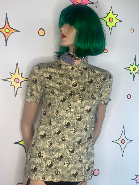 Vintage 70s Retro Groovy Fitted Button-Down Shirt Green Dagger Collar Top - M