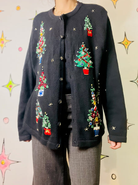 Vintage Embellished 80s 90s Black Ugly Tacky Christmas Sweater Cardigan – XL
