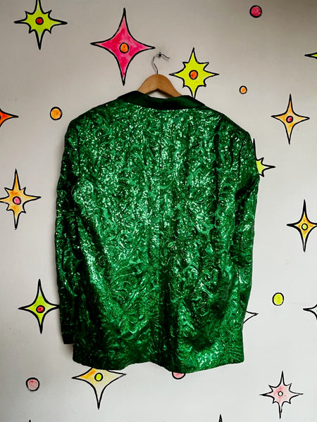 Vintage Metallic Green Glitter Disco Mens Tuxedo Smoking Jacket Sequin Blazer 3X