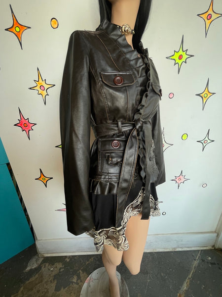 Y2K Babydoll Brown Vegan Leather Jacket – Fairy Grunge Moto Retro M/L