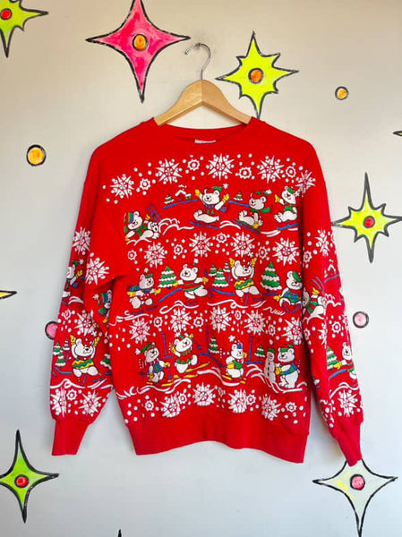 Vintage 80s Puffy Paint Teddy Bears Snowflakes Tacky Ugly Christmas Sweater ML