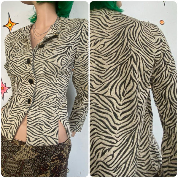 Vintage 90s Zebra Print Blazer Leslie Fay Vegan Animal Print Office Siren Glam - S