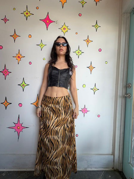 Vintage 80s 90s Tiger Print Maxi Skirt | Animal Print Boho Grunge | Size L