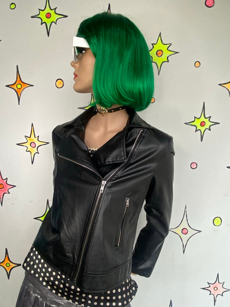 Y2K Black Vegan Leather Moto Jacket Indie Sleaze Grunge Biker Chic M