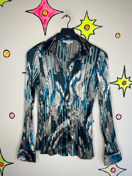 Vintage Abstract Teal Pleated Button Up | Y2K Fairy Grunge Wearable Art – M