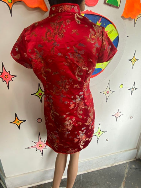 Vintage Red & Gold Satin Cheongsam Mini Dress Dragon Print Y2K Asian Inspired XL