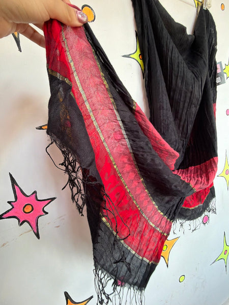 Black Red Gauzy Scarf Wrap Whimsy Goth Grunge Witchy Boho Layering Shawl